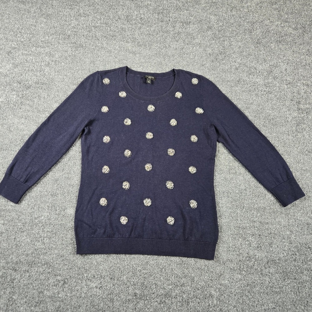 Talbots Sweater Womens P Navy Embellished Beaded Polka Dot Crew Neck